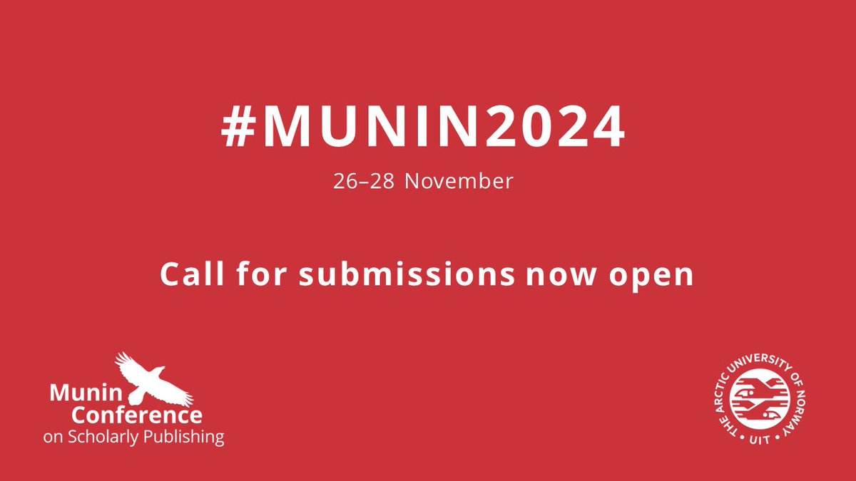 Call for submissions for #Munin2024 now open!

We are highlighting some current and important topics within scholarly communication, such as #diamondOA #reproducibility and #openeducation.
Want to contribute? Submit your abstract by 16 August⏳

site.uit.no/muninconf/call…