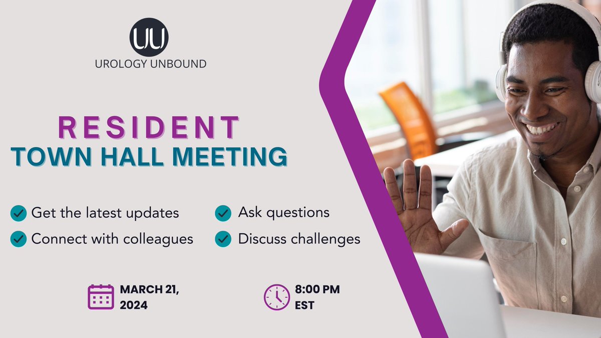 Calling all Urology Unbound resident members! Don't miss tonight's Town Hall Meeting at 8:00 PM EST. It's a safe space to discuss residency, network, and get support. Look for the Google calendar invite in your inbox or reach out to us at info@urologyunbound for more info.