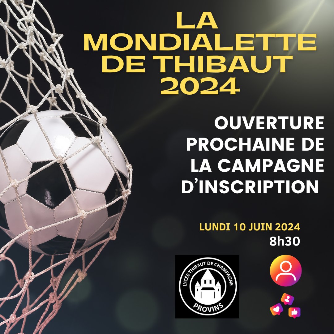 LyceeThibaut's tweet photo. 📆 [Bloquez la date !]  
La Mondialette de Thibaut 2024 arrive ! 
Le 10 juin aura lieu la 12ème édition de ce tournoi festif ouvert à toutes et tous !  
Les informations concernant l'organisation et les inscriptions arrivent prochainement ! https://t.co/ND9SgGNzym