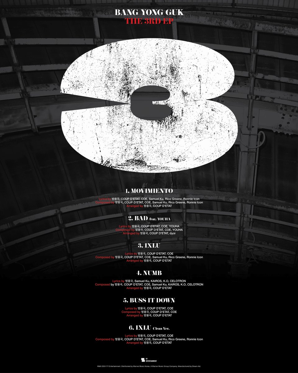 YYentertain's tweet photo. BANG YONGGUK 방용국 
TRACK LIST

THE 3RD EP ALBUM <3>
➠ 2024.03.31 6PM (KST)

#방용국 #BANGYONGGUK
#BANGYONGGUK_3
#YYEntertainmen https://t.co/iouvWBmieU