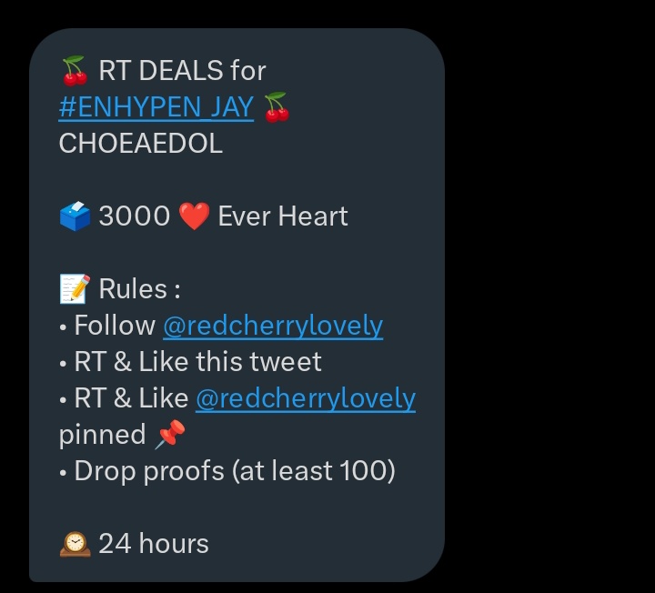 pjsbiach's tweet photo. 🍒 RT DEALS for #ENHYPEN_JAY 🍒
CHOEAEDOL

🗳️ 3000 ❤️ Ever Heart

📝 Rules :
• Follow @redcherrylovely 
• RT &amp; Like this tweet
• RT &amp; Like @redcherrylovely pinned 📌
• Drop proofs (at least 100)
 
🕰️ 24 hours https://t.co/7HA4ZBq20B