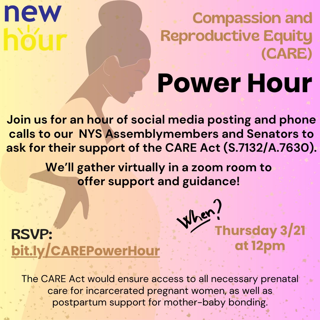 TODAY: #ShowYouCARE by joining our Power Hour at noon! We'll be making calls to our Senators and Assemblymembers and posting all over social media to fight for reproductive equity behind bars! We'll do this together! Join our zoom room for support: bit.ly/CAREPowerHour