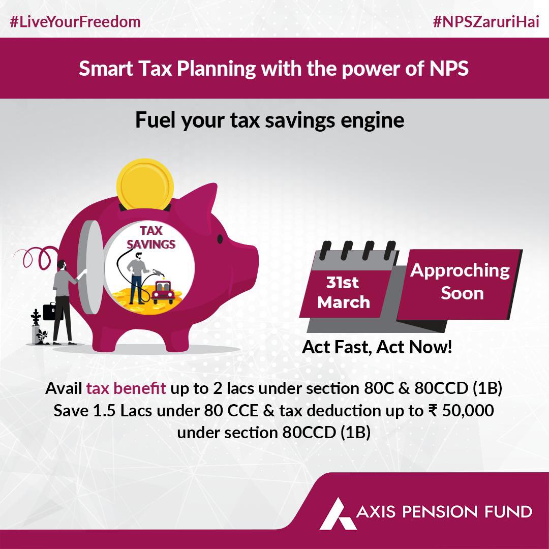 Rev up your tax-saving engine with NPS! ⛽️ Maximize your savings before 31st March. 🚀 Act now to unlock the benefits. #TaxSavings #NPS #SmartPlanning #LiveYourFreedom #NPSZaruriHai  

@nps_trust @PFRDAOfficial @AxisBank @ProteanEgovTech @CAMSNPS @AxisMutualFund @AxisDirect_In…