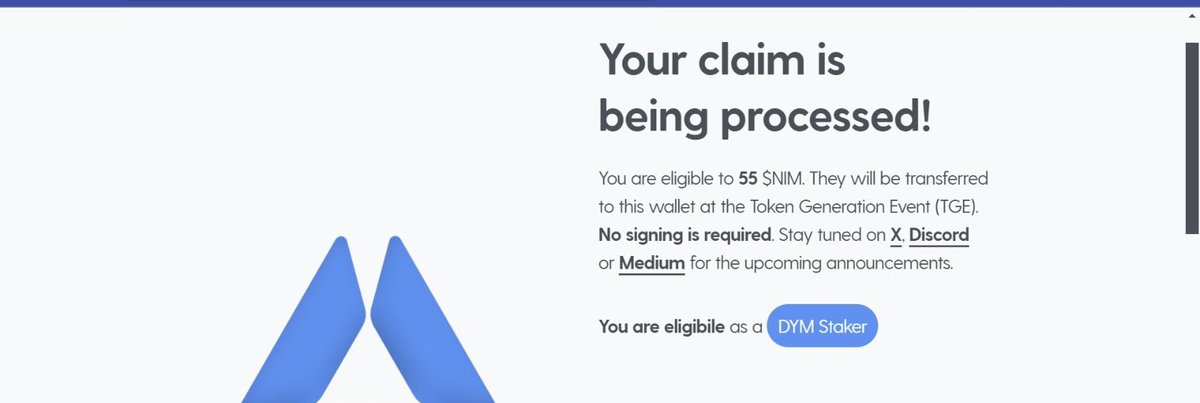$DYM stakers 🥩

$NIM airdrop eligibility checker is live 

Here is how to check;

- visit claim.nim.network
- accept the terms 
- paste your wallet address to confirm eligibility and allocation 

No need for claiming, your allocation will be transferred to your wallet on