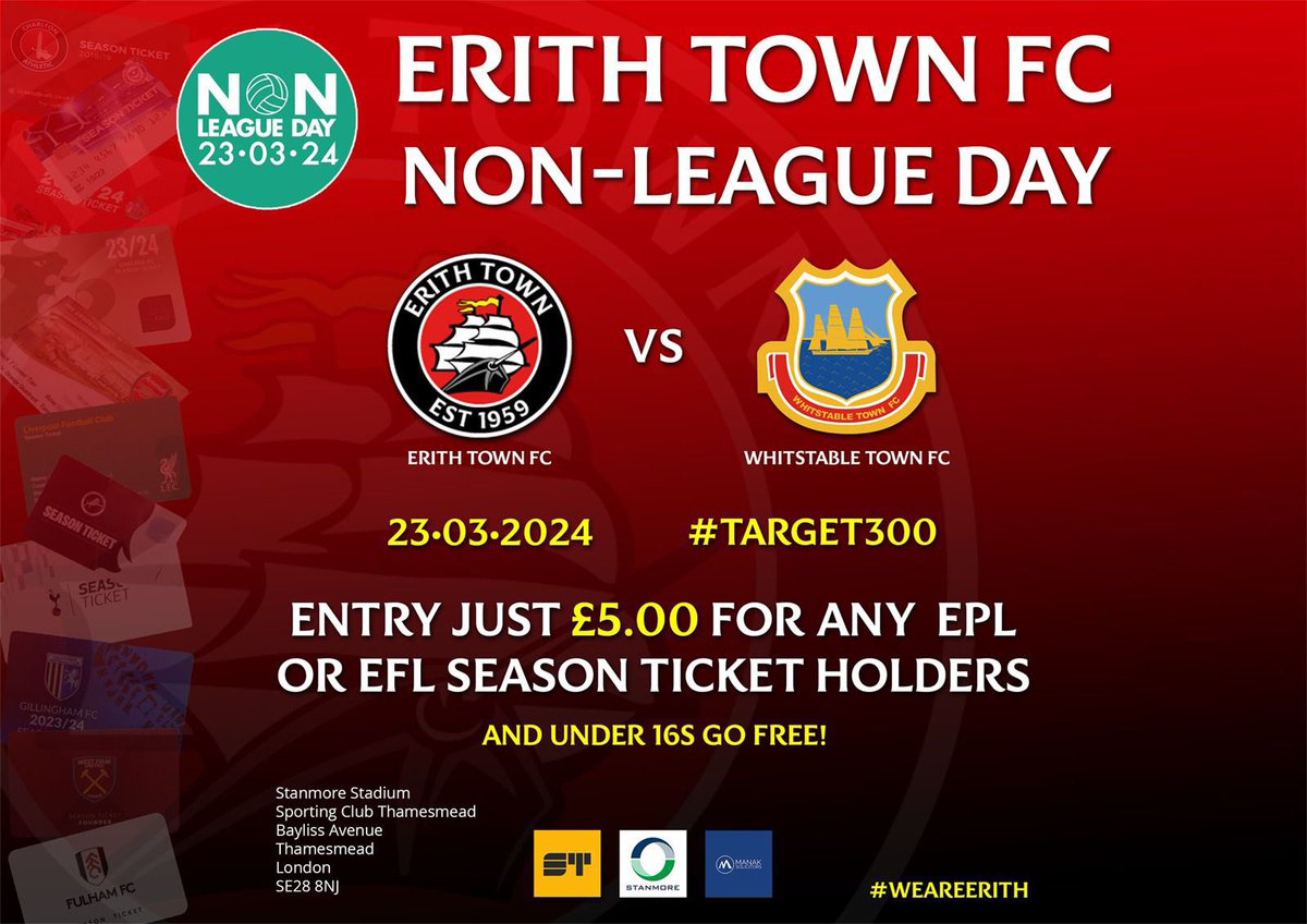 ErithTown's tweet photo. 🙏 | COMMUNITY

A huge THANK YOU to our Community Partners, @limew00d, @TrinitySchBelvd, @NHP_WAT @WPolyGirls &amp; @WPolyBoys for their support with our Non-League Fixture!

Remember, U16 get 🆓 entry &amp; it’s reduced cost for any EPL &amp; EFL season ticket holder.

#TARGET300 #ForHudson https://t.co/k8c6VAsZIH