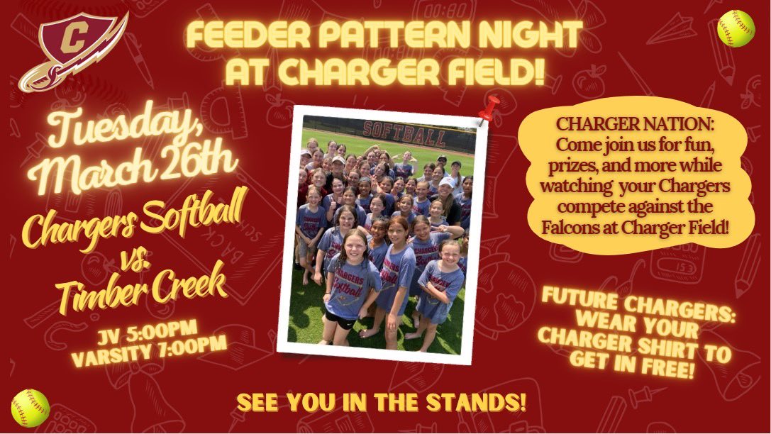 Chargers Softball (@kcsb_chargers) on Twitter photo ‼️CHARGER NATION‼️
Make plans to join us at Charger Field for Feeder Pattern Night vs. the Falcons next week!🎉👏🏼
Future Chargers get in free with a Charger shirt. Let’s fill the stands & show them what Charger Nation is all about!
<a href="/KISDAthletics/">Keller ISD Athletics</a> <a href="/Chargers_CHS/">⚡️Keller Central Athletics⚡️</a> <a href="/KellerISD/">Keller Schools</a> #BTM ‼️CHARGER NATION‼️
Make plans to join us at Charger Field for Feeder Pattern Night vs. the Falcons next week!🎉👏🏼
Future Chargers get in free with a Charger shirt. Let’s fill the stands & show them what Charger Nation is all about!
<a href="/KISDAthletics/">Keller ISD Athletics</a> <a href="/Chargers_CHS/">⚡️Keller Central Athletics⚡️</a> <a href="/KellerISD/">Keller Schools</a> #BTM