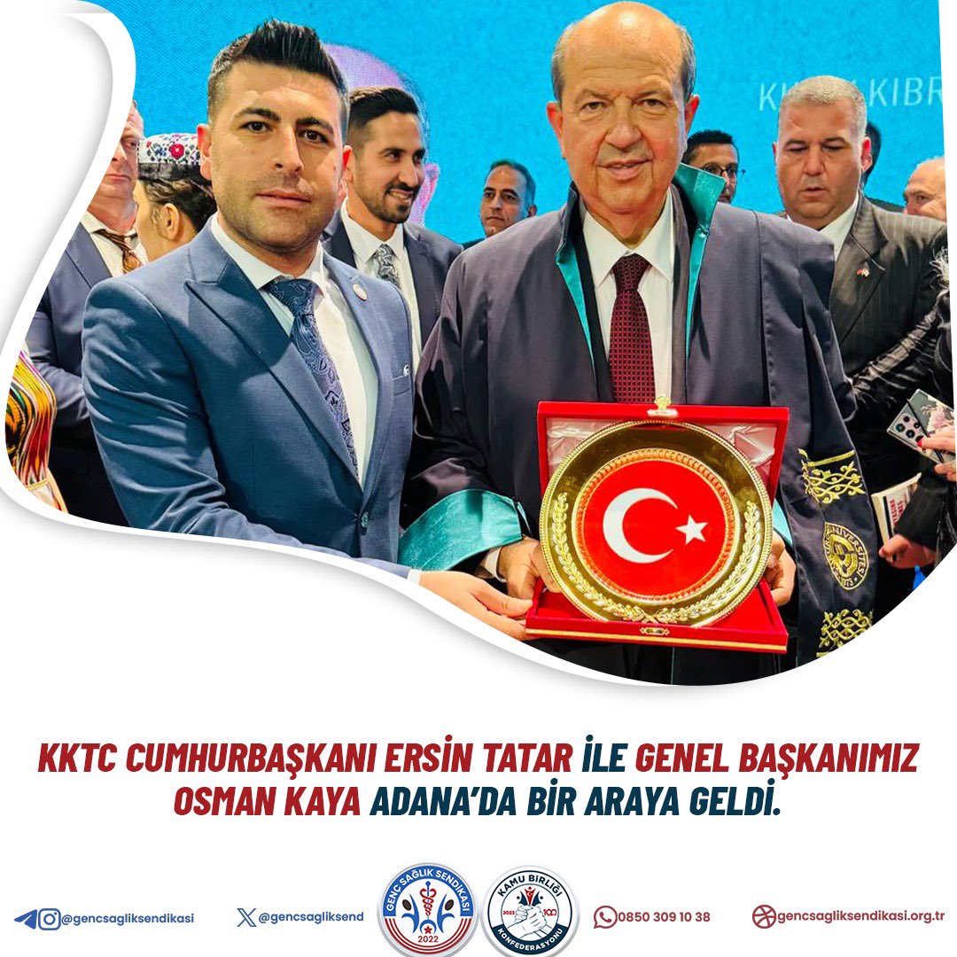 Kamu Birliği Konfederasyonu ve Genç Sağlık Sendikası Genel Başkanı Osman Kaya, Kuzey Kıbrıs Türk Cumhuriyeti (KKTC) Cumhurbşkanı Ersin Tatar ile bir araya geldi. 

Görüşmede, sağlık camiası adına KKTC ile iş birliği içerisinde gerçekleştirilebilecek projeler hakkında istişarede
