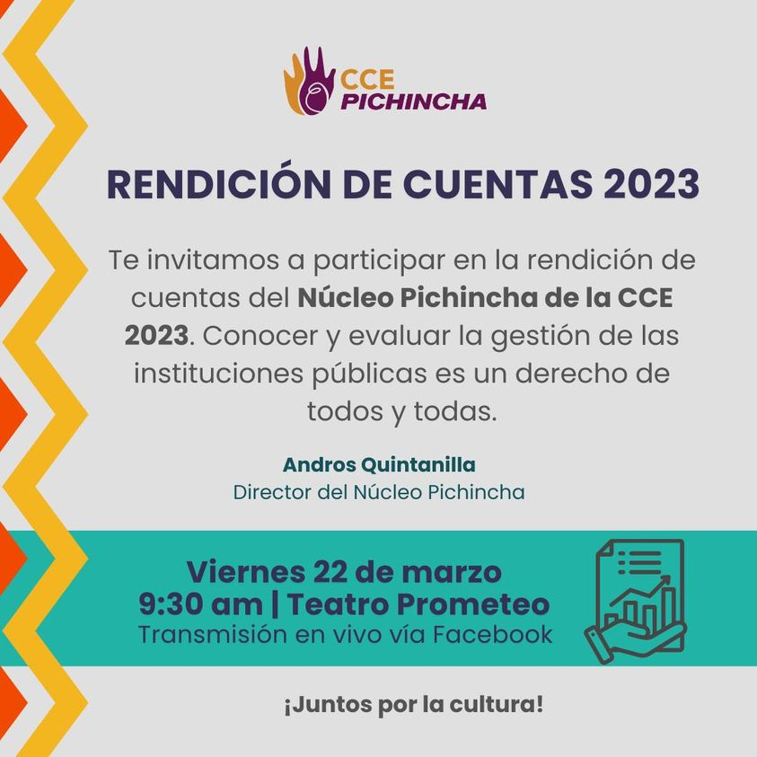 CCE_Pichincha's tweet photo. #Rendicióndecuentas |El seguimiento a la gestión pública de las instituciones y el acceso a la información es un derecho de todos y todas 📷📷
📷Te invitamos a la Rendición de cuentas del Núcleo Pichincha de la CCE, que se realizará el 22 de marzo a las 9:30 en el T. Prometeo https://t.co/JZalYCqDw3