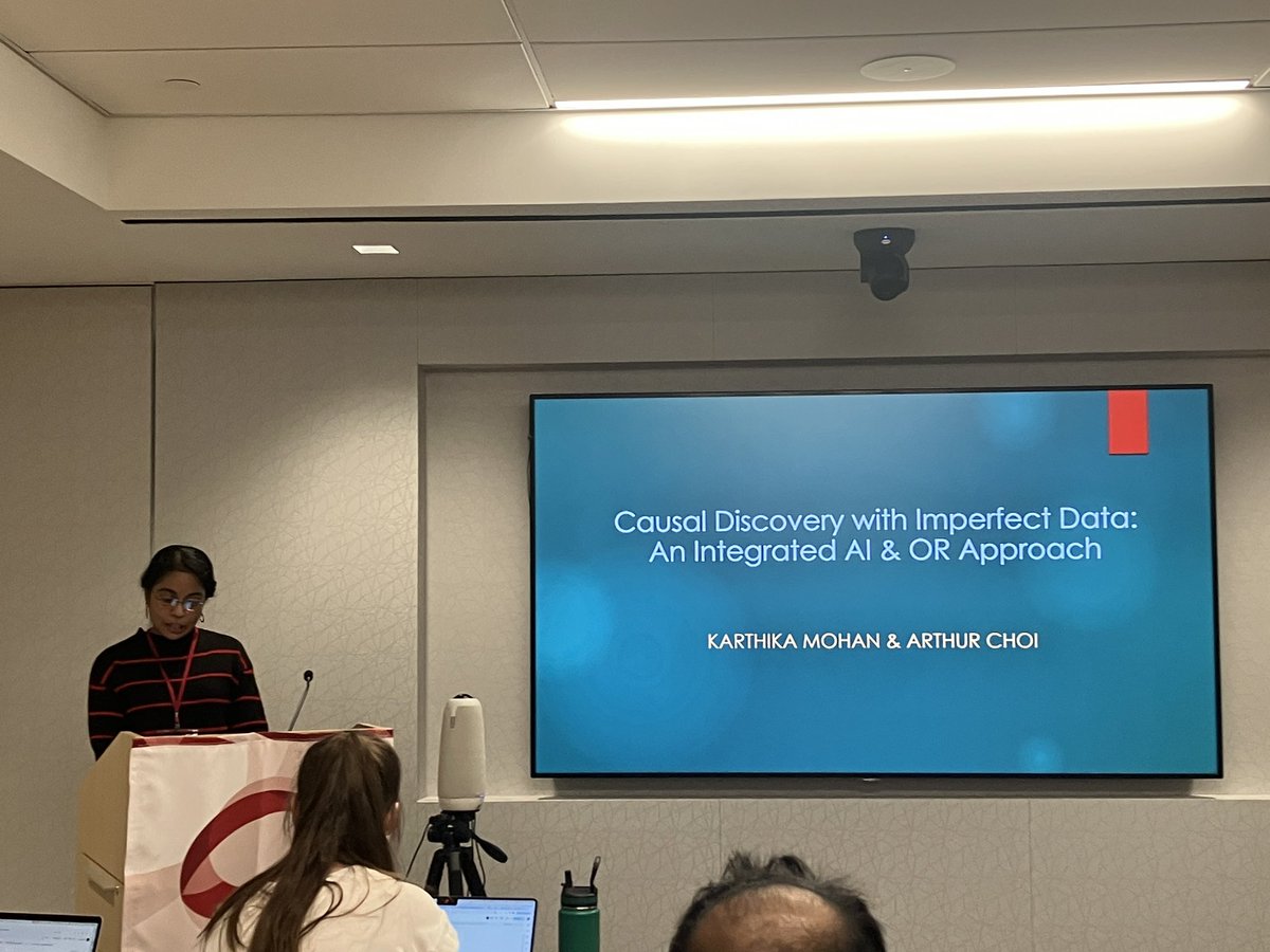 thserra's tweet photo. In the third technical presentation of the AI / OR workshop, Karthika Mohan talks about how to use integer programming for causal inference over incomplete data #orms #monarchsofmip https://t.co/5ZreVravA6