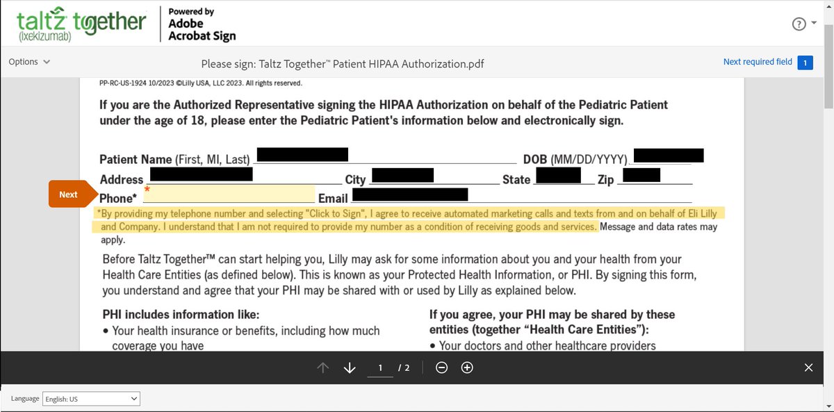 at_brown's tweet photo. @EliLillyandCo You need to fix your HIPAA forms.

While stating that a phone number is not required to be part of the program, and that by providing a phone number I'll be submitted to marketing spam - you actually DO REQUIRE a phone number for the form to be signed. https://t.co/Usip64Mtg4