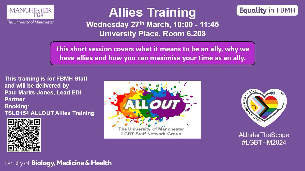FBMH_SR's tweet image. RESCHEDULED ALLIES TRAINING! We are pleased to announce that our training on how to be a better ally for LGBTQIA+ colleagues has now been rescheduled:

📅Wednesday 27th March | 10:00-11:45AM
📍University Place | Room 6.208
🎫tinyurl.com/alliestraining…

@FBMH_UoM @SocialResponUoM
