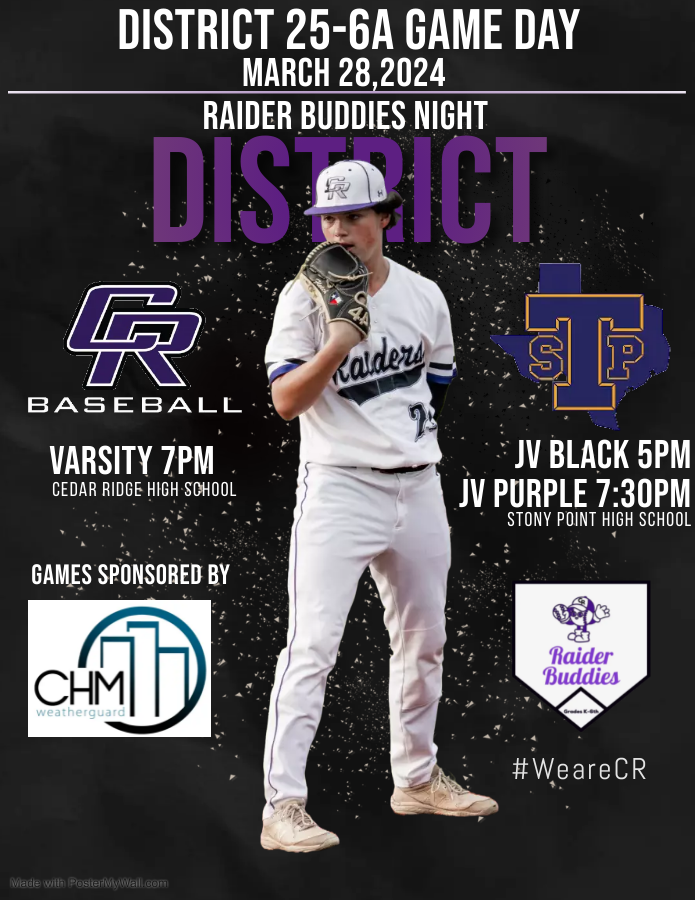 It's District 25-6A Game Day and Raider Buddies Night! Come out Raider Nation and watch your Raiders take on @spt_baseball. #WeAreCR Varsity at Home. 1st Pitch: 7pm JV games at Stony Point. 1st Pitch: 5pm Games sponsored by @CHMweatherguard