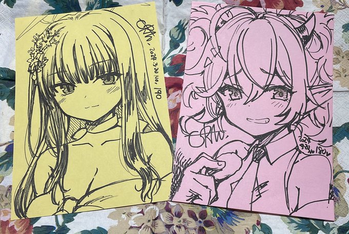 いつものやつ

とか言いつつ補足しますが、油性ペンでガンガン描いてる直筆イラストペーパーになります
口とか目周辺の細いところはマッキーだと限界があったので油性のボールペンを使ってます
一枚1000円お一人4枚までの頒布です 