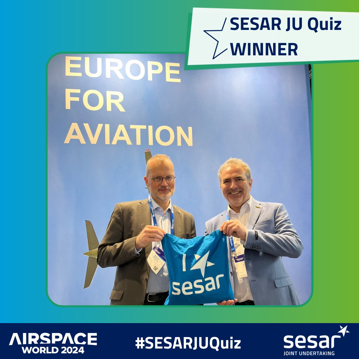Congratulations to Mark Watson @EUROCAE1, the winner of the #SESARJUQuiz @AirspaceWorld 🥳Thanks to all those who played! 💡If you want to boost your #knolwedge about ATM tranasformation, visit our SESAR solustion cataligue/projects portal👇 sesarju.eu #ASW24