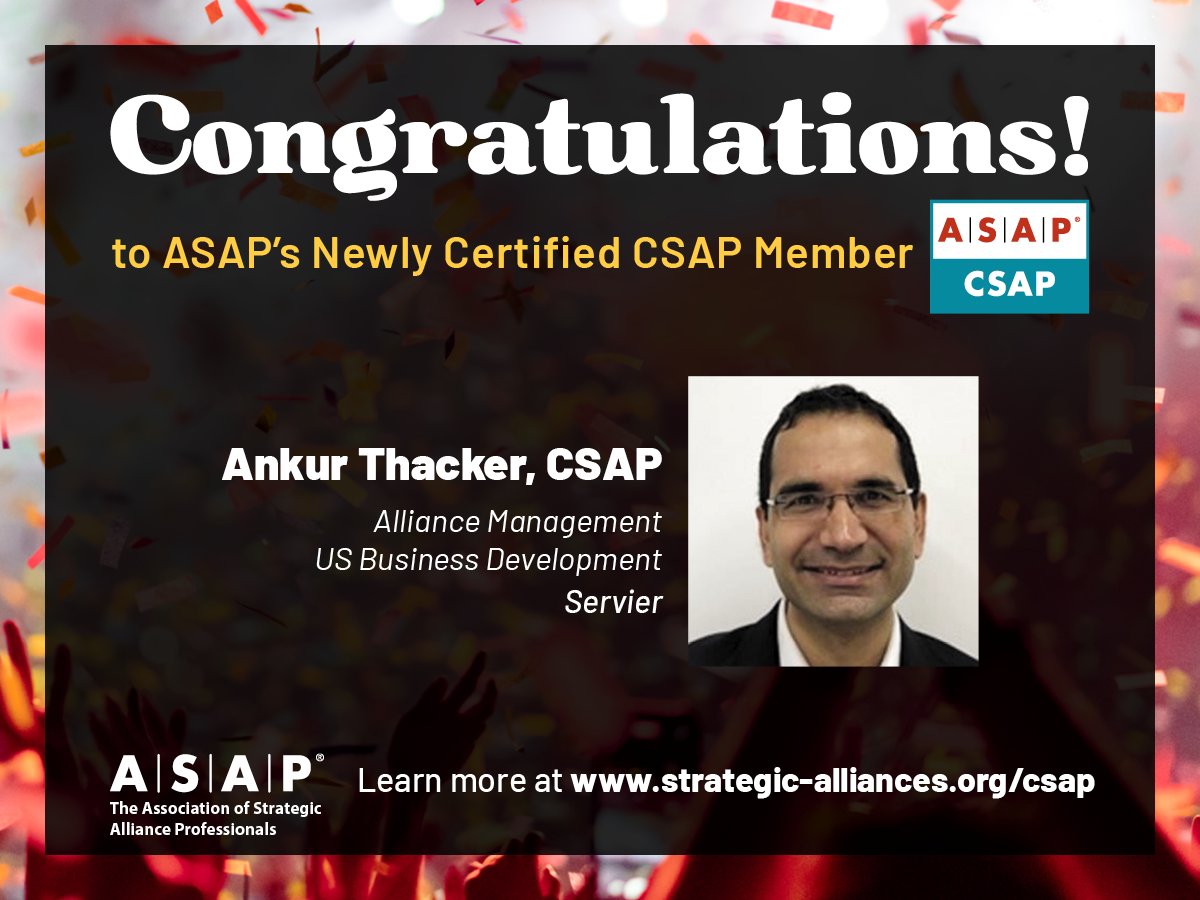 Yet another #alliancepro who has earned their #ASAPCSAP props to #AnkurThacker of <a href="/Servier/">Servier</a>  the #CSAPCertification is something to be proud of and leverage internally and externally! What are you waiting for? Learn more about these programs today! strategic-alliances.org/csap