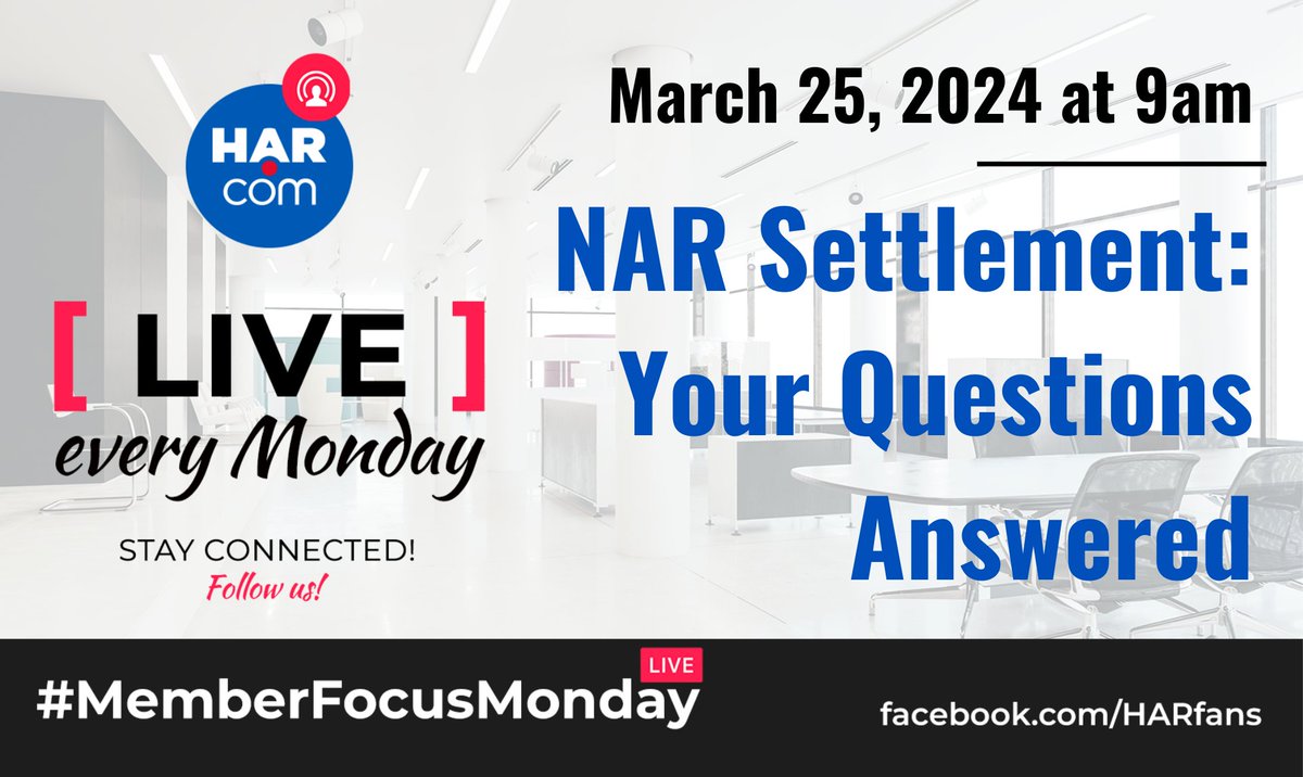 HARMembers's tweet photo. This Monday, HAR Legal Counsel Grant Harpold will join us to discuss the NAR Settlement. Tune in to get your questions answered! https://t.co/gLGKzhoWJw #MemberFocusMonday https://t.co/dMEufQNazW