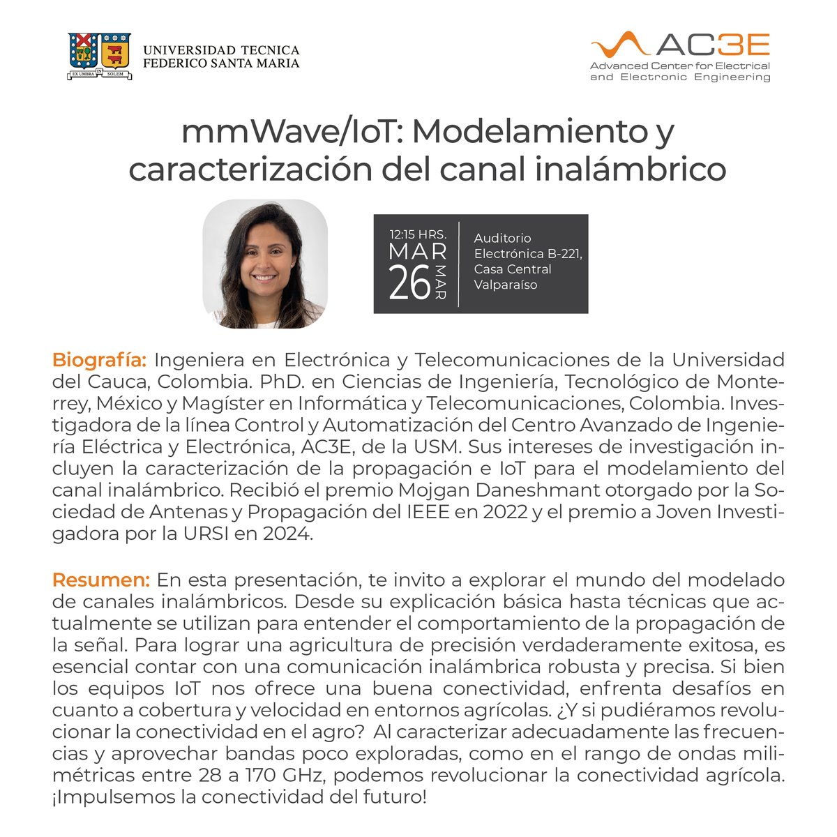 Los y las invitamos a participar de la charla 'mmWave/IoT: Modelamiento y caracterización del canal inalámbrico' de la investigadora @AC3E_cl Dra. Melissa Diago 📅MARTES 26/MARZO ⏰12:15 hrs. en @usantamaria También podrán seguirla a través de Zoom: us02web.zoom.us/j/499894611