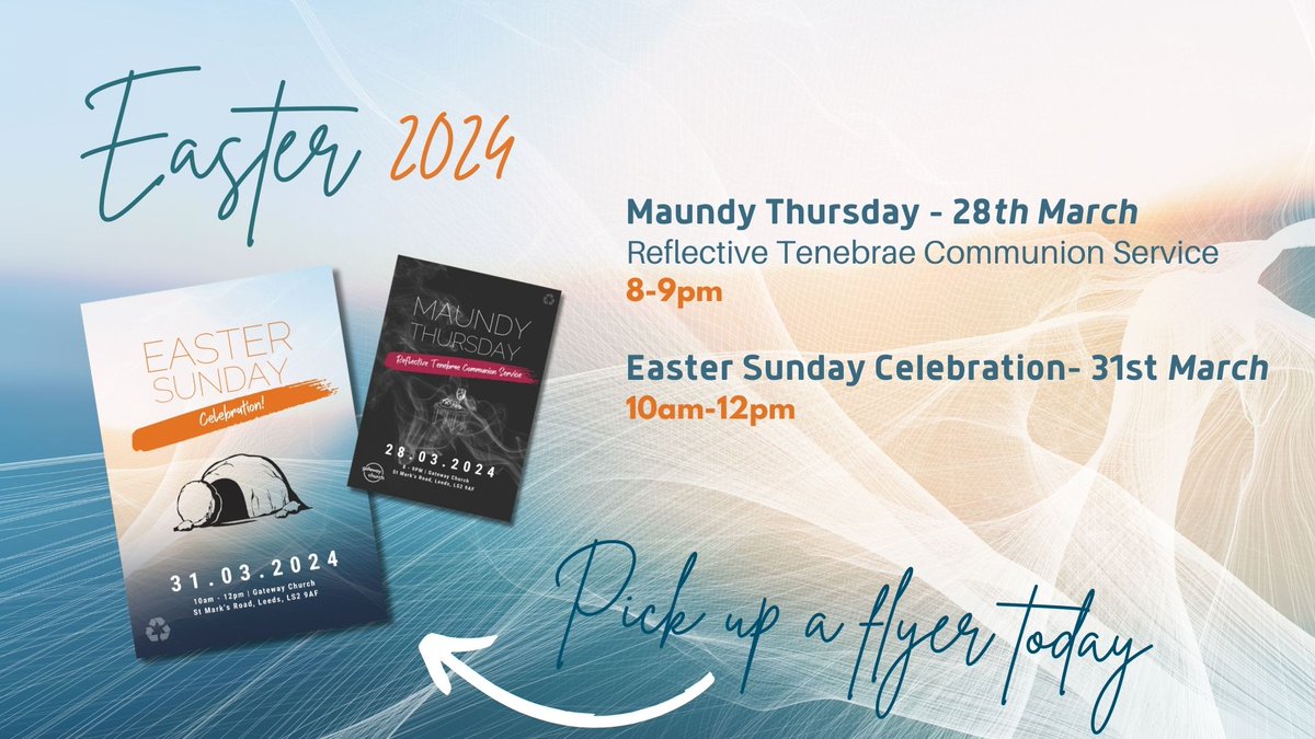 Easter 2024 at Gateway We are looking forward to celebrating Jesus at Easter time! 🌿 Palm Sunday Gathering - 24th March / 10am ✝️ Maundy Thursday Tenebrae service - 28th March / 8 - 9pm 🎉 Easter Sunday Celebration - 31st March / 10am