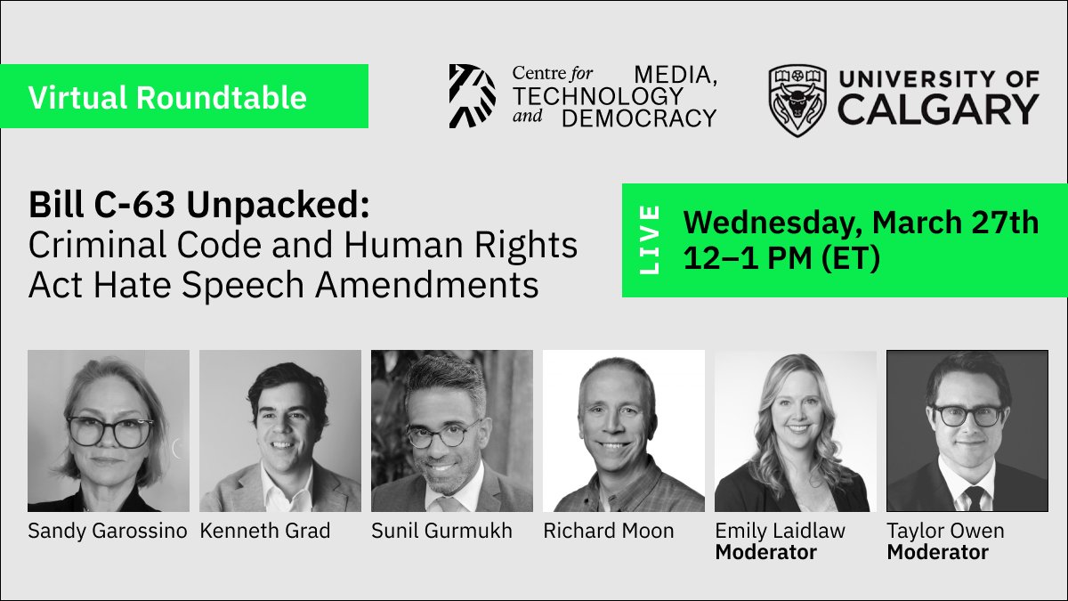 (1/4) Join us on March 27 (12pm-1pm) for our second virtual roundtable on the Online Harms Bill. Does Bill C-63 propose criminalizing thoughts? What is the value and risk of reintroducing hate speech to the remit of a human rights tribunal? Register here: forms.gle/cNHacGGSVNXKHW…