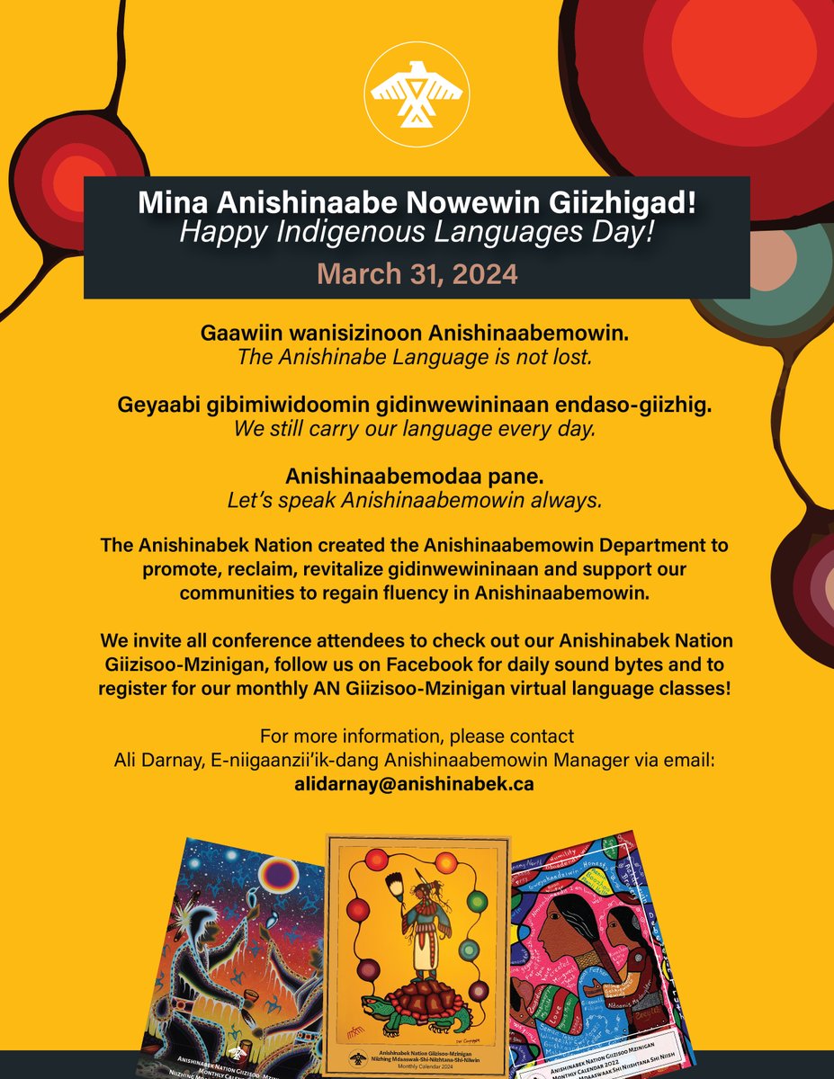 Anishinabek Nation (@anishnation) on Twitter photo Mina Anishinaabe Nowewin Giizhigad!
Happy Indigenous Languages Day!
Gaawiin wanisizinoon Anishinaabemowin.
The Anishinabe Language is not lost.
Anishinaabemodaa pane.
Let’s speak Anishinaabemowin always.
#LanguageMatters Mina Anishinaabe Nowewin Giizhigad!
Happy Indigenous Languages Day!
Gaawiin wanisizinoon Anishinaabemowin.
The Anishinabe Language is not lost.
Anishinaabemodaa pane.
Let’s speak Anishinaabemowin always.
#LanguageMatters