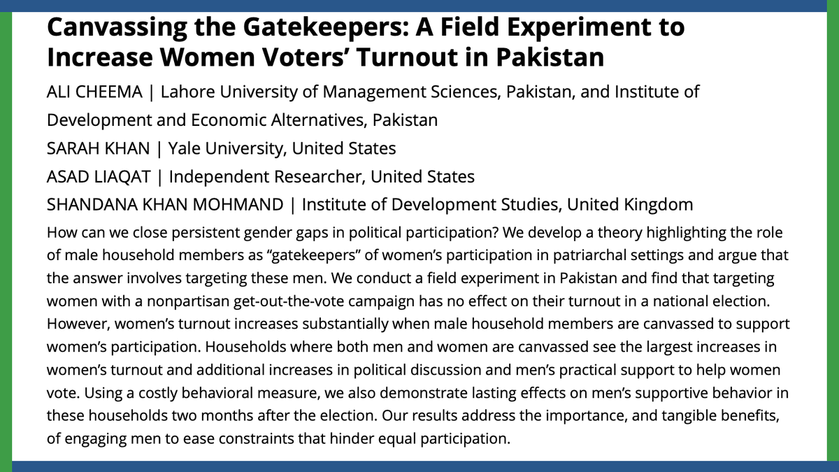 How can we close persistent gender gaps in political participation? #TBT to Ali Cheema, @_sarahkhan, @asadliaqat, and @shaandana developing a new theory to explain and increase female participation in patriarchal settings. ow.ly/mteS50QREVP