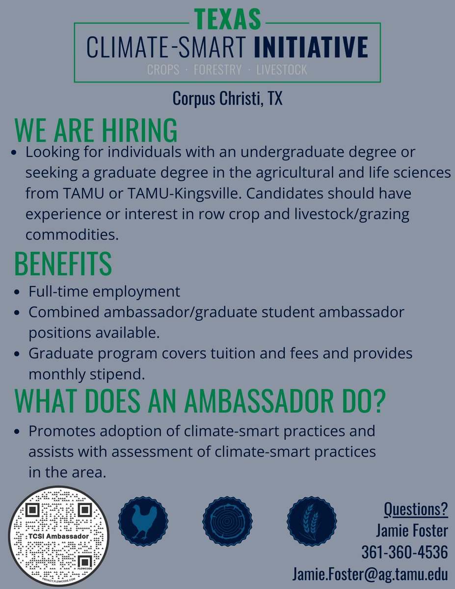 Are you interested in becoming a part of the Texas Climate-Smart Initiative? The Corpus Christi area is hiring a climate-smart ambassador! Read more about the position below ⬇️

Scan the QR code and put in your application!

#JoinOurTeam #ClimateSmartAgriculture #ambassador