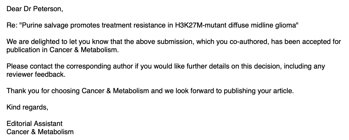 Easily one of the most satisfying emails I've ever received. I'm beyond thankful for the mentorship of @DanWahlMD and @castro2355_mg for helping me reach this milestone! Next up: my Ph.D. thesis!