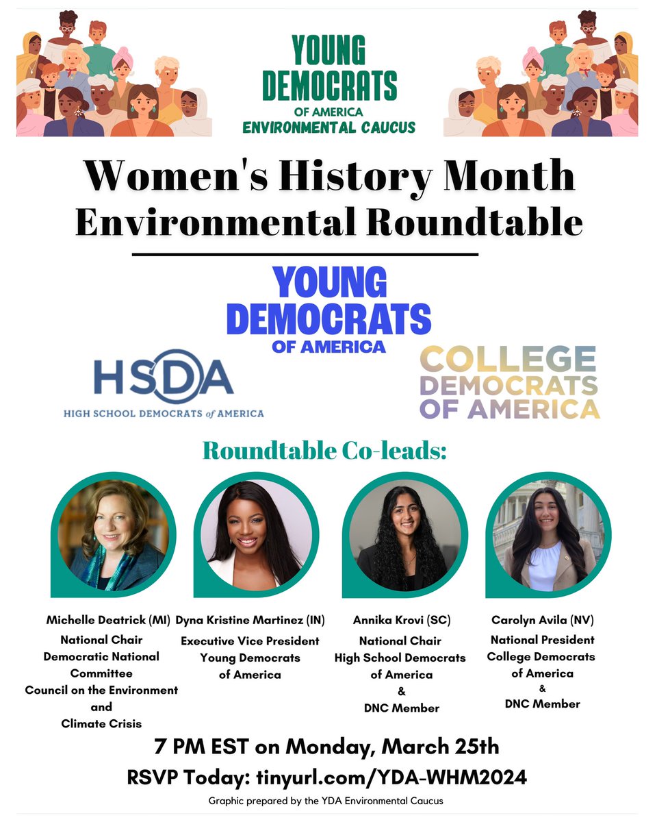 DNCClimate's tweet photo. Monday 3/25: An inspiring discussion with women Democratic and climate leaders on their experiences, advice, and more.💚
RSVP here: https://t.co/hb6qzmQ5Gv

~@MDeatrick, @DNCClimate Chair
~@DynaKristine Martinez, @YoungDems EVP
~@AnnikaKrovi, HSDA Chair
~Carolyn Avila, @CollegeDems Pres.
~@MissCiaraHart, @YDLouisiana Pres.
Hosted by the @YDAEnviroCaucus and the @HSDems.
