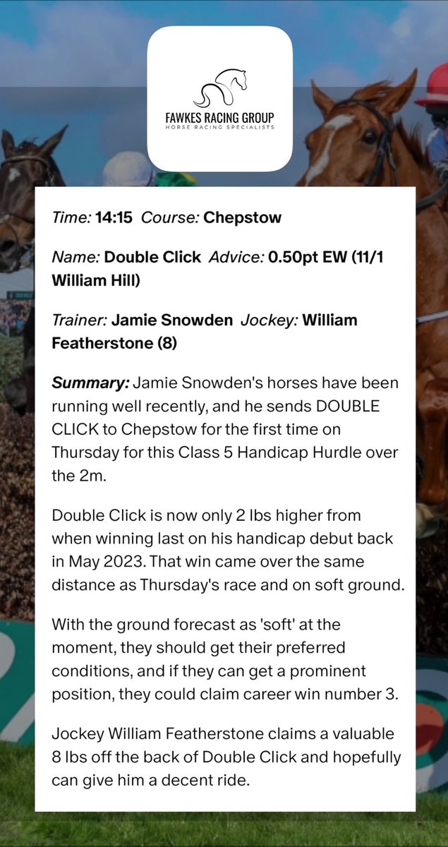 FawkesRacing's tweet photo. 💥11/1 WINNER💥

We had 1 tip on the main group today & it’s a winner!

DOUBLE CLICK finishes well to claim the victory at Chepstow 🥇

Must say that was a fantastic ride from William Featherstone 👏

Posted on the group at 11/1 - SP 9/1

https://t.co/BYmtpe2r5t

#HorseRacing #HorseRacingTips