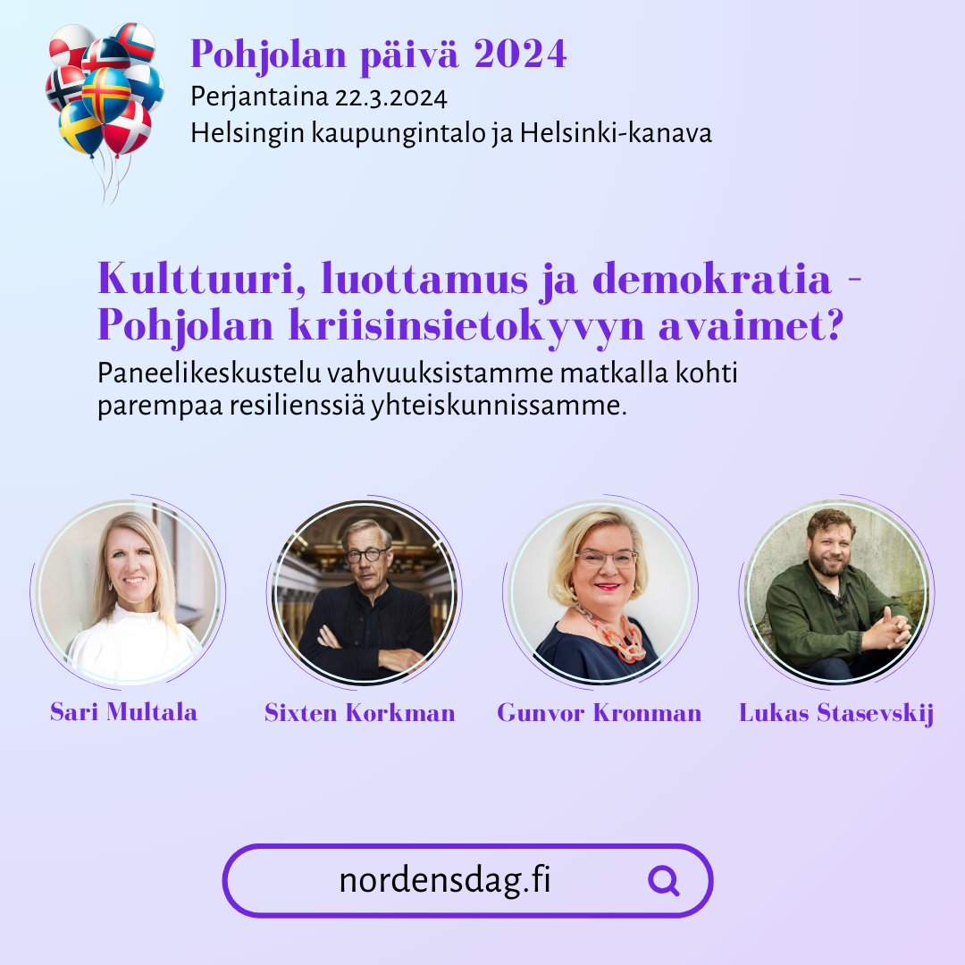 🌟Nordens dag 2024 i Finland🌟
22.3 kl. 10 EET/kl. 9 CET => får vi höra intressanta paneldiskussioner om viktiga och aktuella ämnen vid evenemanget som stramas live på Helsingforskanalen. Evenemanget inleds med ett tal av utrikesminister 
<a href="/elinavaltonen/">Elina Valtonen</a> 👉nordensdag.fi/program/