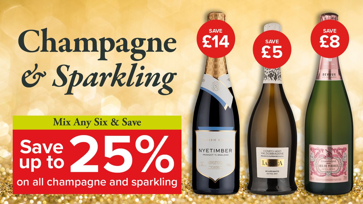 Pop open a bottle – there’s always a reason to celebrate. Our #Champagne &amp; #Sparkling collection invites you to enjoy styles by #Nyetimber, #Devaux and more, saving up to 25% until 8th April, when you Mix Any Six. Head into store to shop! 🥂