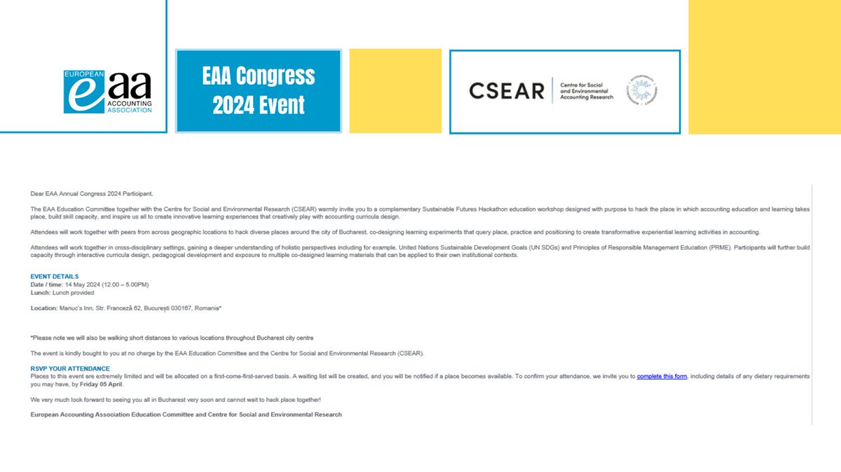 #EAACongress24 Complementary Sustainable Futures Education Workshop - Hacking Place in Accounting Education 14th May 12:00-17:00 More info on Baha's email Registration: docs.google.com/forms/d/e/1FAI… #EngageEAA