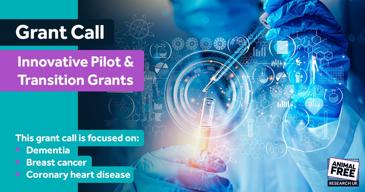 GRANT CALL: Innovative animal replacement pilot & transition grants in dementia, breast cancer & coronary heart disease. Grants of between £5,000 to £25,000 with a duration of 6 months to 2 years. For full details visit - animalfreeresearchuk.org/grants/pilot-t… Deadline is 19 April 2024.