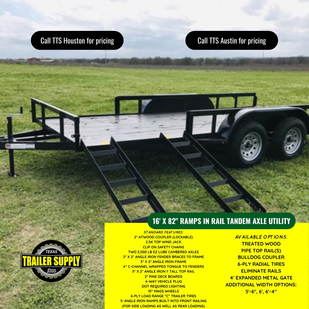 16' x 82' Ramps In Rail Tandem Axle Utility trailer! Call us or visit our website for more details!

#trailer #trailers #texastrailers #trailerforsale #trailersforsale #haulers #hauling #utilitytrailer #utilitytrailers #trailerdealership #dealership