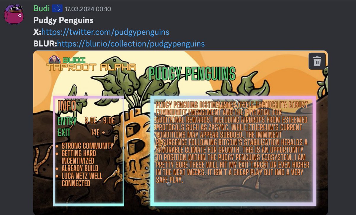 I recently shared a Perfect entry into <a href="/pudgypenguins/">Pudgy Penguins</a>  Eco. There is no doubt that <a href="/LucaNetz/">Luca Netz 🐧✳️</a>  has built a crazy Community and IP. This Alpha was shared in <a href="/taprootalpha/">Taproot Alpha</a> we print there in any niche. 
8.5E-&gt;17E = 8.5E ($30K) in 4 days