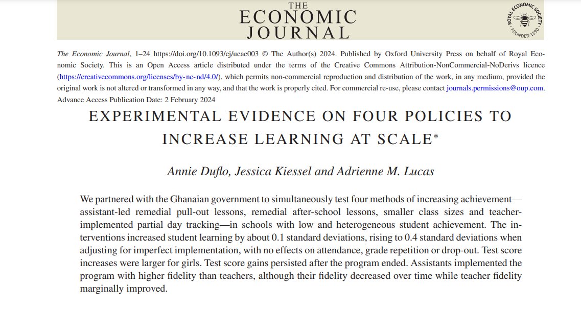 I've been sharing earlier versions of this study for years. I'm happy to see it out in a great journal! academic.oup.com/ej/advance-art… by @duflo_annie, Kiessel, & @ProfALucas