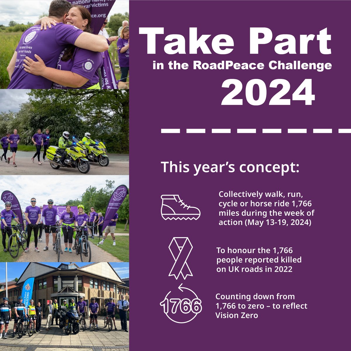 Supporters of the #RoadPeaceChallenge2024 will be #walking, #running, #cycling and #horseriding 1766 miles to honour the 1766 people reported killed on UK roads in 2022. Anybody can take part. No distance too short. Sign up here 👉bit.ly/3Pv022u #1766MilesTogether