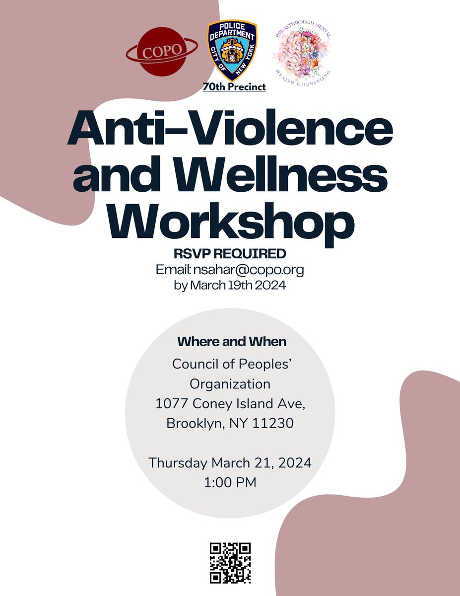 Today COPO is hosting an Anti-Violence and Wellness Workshop! Collaborating with @NYPD70Pct and @breakthroughmhc, we are excited to bring in experts in the field for an afternoon of skill building and techniques to empower our community.