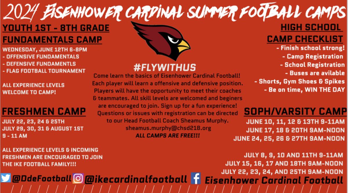 🚨 SAVE THE DATES 🚨 🏈 Youth Camp 🏈 Freshmen Camp 🏈 Sophomore & Varsity Camp Registration link will be shared out soon. Please save these dates. We look forward to a great summer! #Team90 #FlyWithUs 🔴⚪️🏈🔥