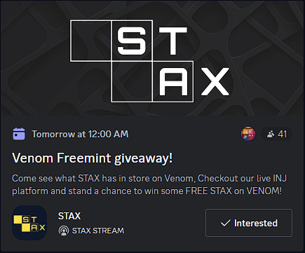 stax_nft's tweet photo. Live on Discord this evening. 🟥
Mini STAX Venom tour + INJ flipping for Freemints. LFG. 

#INJ #VENOM #STAX

https://t.co/Ptc7MzW40B https://t.co/desqPwKg9Q