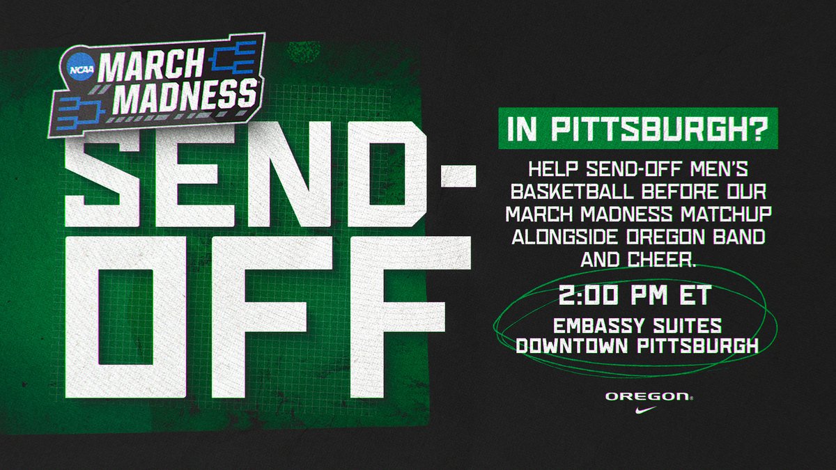 Duck fans, are you in Pittsburgh?

Help send-off the team with <a href="/OregonCheer/">Oregon Cheerleading</a> &amp; <a href="/OregonBand/">Oregon Marching Band</a>! 

⏳2:00 PM ET
📍Embassy Suites Pittsburgh Downtown

#GoDucks