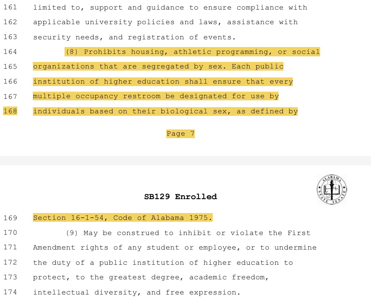 Alabama just passed a bathroom ban for transgender adults in colleges and universities. It was never about 'the children,' and always about absolute exclusion from public life. SB129 also bans 'divisive concepts' and 'DEI' in colleges. Horrifying bill.