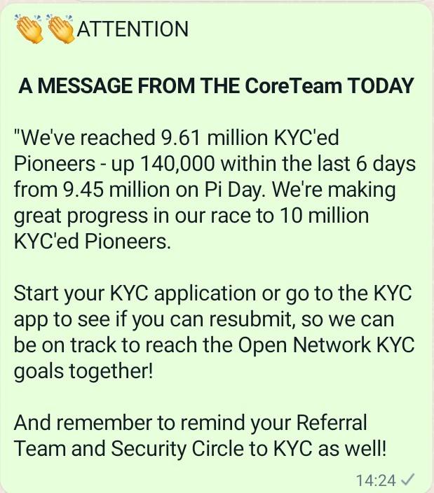 wastykinzorrow's tweet photo. 👏👏ATTENTION
*A MESSAGE FROM THE @PiCoreTeam TODAY*
"We've reached 9.61 million KYC'ed Pioneers - up 140,000 within the last 6 days from 9.45 million from PiDay... We're getting there....
Trust in the process
#PiCoreTeam #Open_Mainnet https://t.co/pf2nKUji28