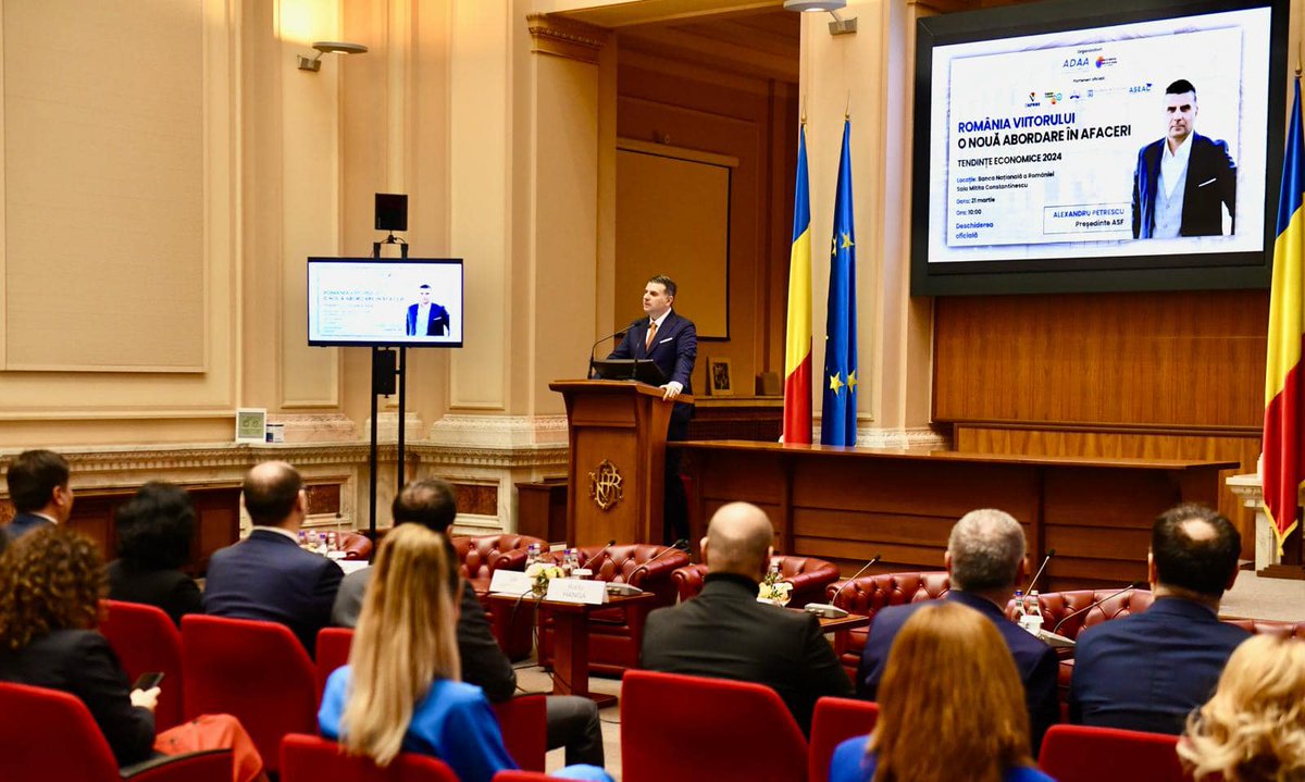 asf_romania's tweet photo. Alexandru Petrescu, președintele ASF, a participat astăzi, la Banca Națională a României, la Conferința națională TENDINȚE ECONOMICE 2024, organizată de Asociația pentru Dezvoltarea Antreprenoriatului Autohton (ADAA) împreună cu Patronatul European al Femeilor de Afaceri (PEFA). https://t.co/Zn21fsJ7zn