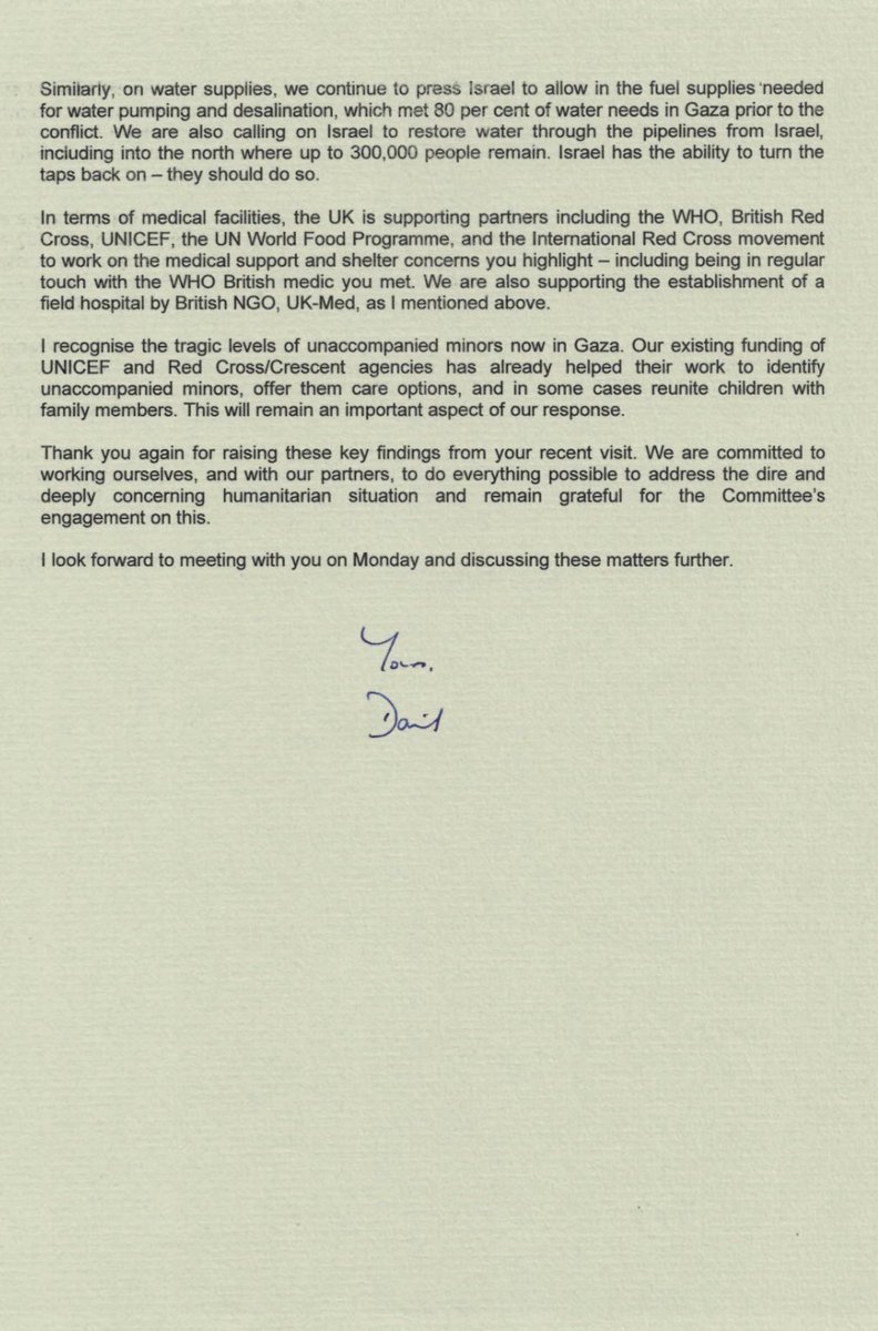 Grateful to @David_Cameron for such clarity in his response to my letter. He confirms, contrary to some claims: - The UN has NOT requested the Kerem Shalom crossing be closed on Saturdays. Israel closes it due to the Sabbath. - Aid not getting into Gaza due to “arbitrary…