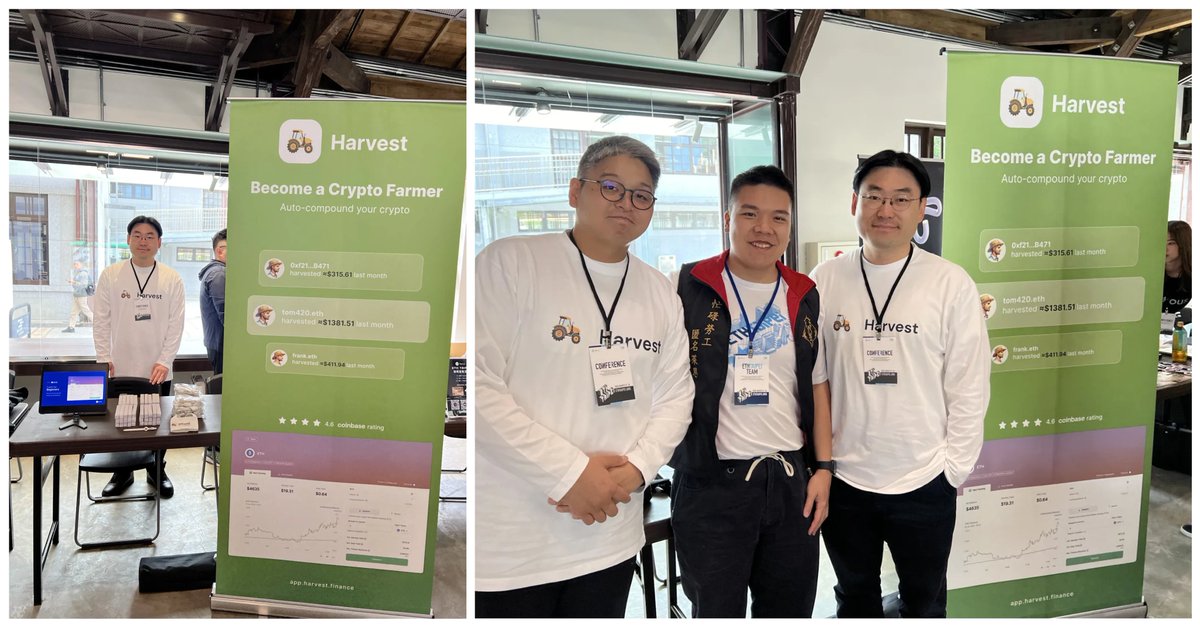 harvest_finance's tweet photo. Our contributors at @EthTaipei today!

A day full of fruitful work introducing people to yield farming with Harvest.

It was great meeting you all, including yield-farming OGs from the 2020 DeFi Summer 🤝 https://t.co/yEpthOtBwK