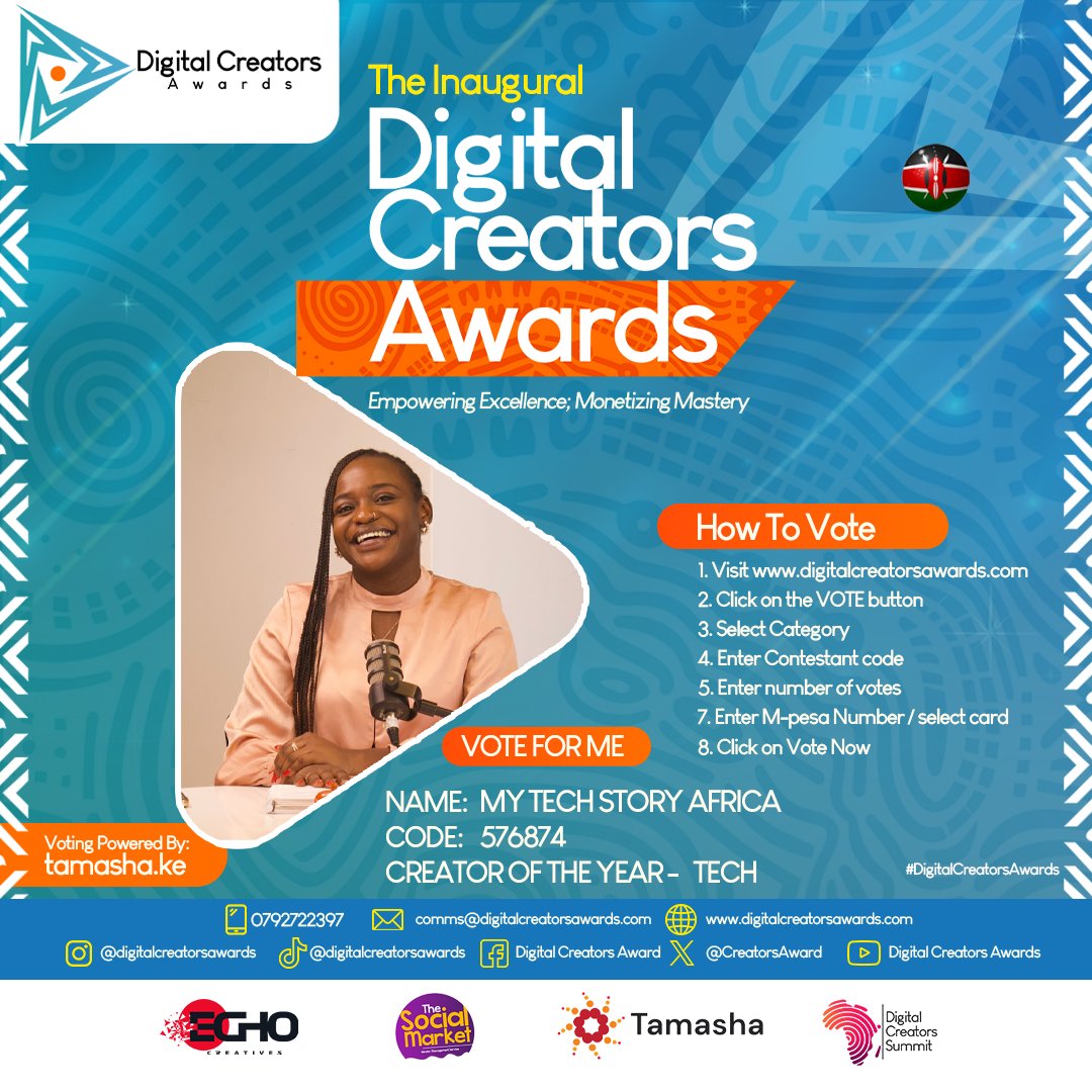 We're excited to announce that My Tech Story Africa has been nominated for the Tamasha Digital Creators Awards in the "Creator of the Year - Tech" category! 🎉

Vote here: tamasha.ke/poll/?poll=cot…