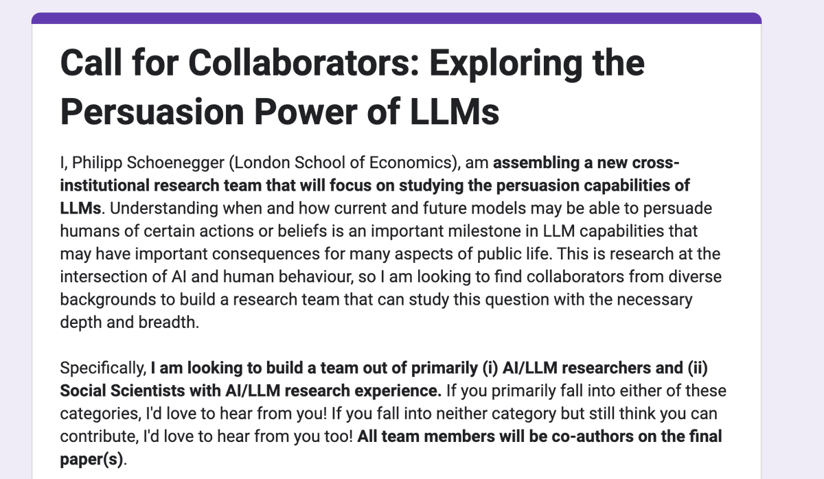 ‼️ Call for Collaborators: Exploring the Persuasion Power of LLMs ‼️ I'm looking for AI researchers and social scientists interested in studying the persuasion capabilities of LLMs! For more information, please see below. RTs very much appreciated! forms.gle/9mtNqhvSd8No2c…