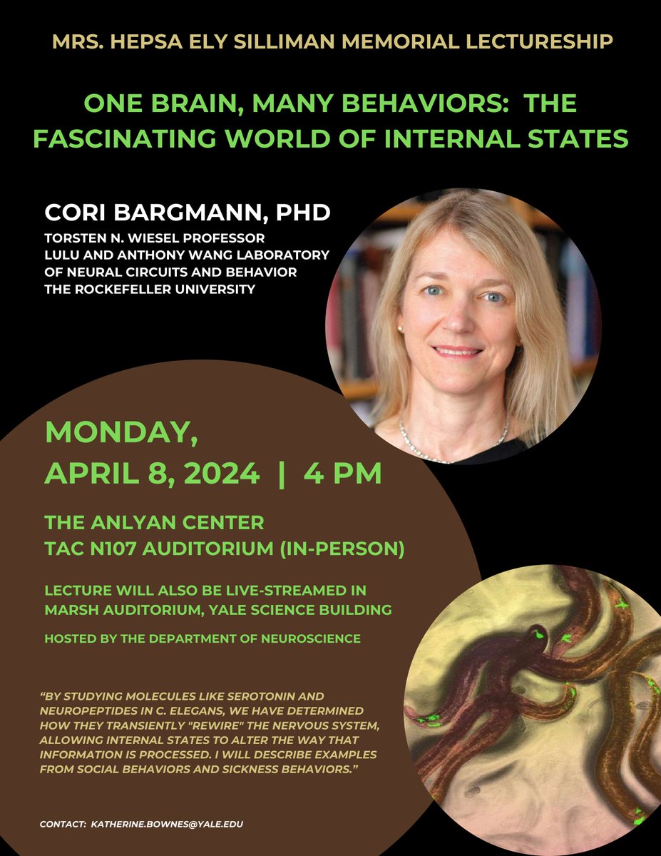 🚨SPECIAL LECTURE !🚨 On April 8th, Dr. Cori Bargmann (@betenoire1) from @RockefellerUniv will give the Silliman Memorial Lecture entitled 'The Fascinating World of Internal States.' 🧠🙌 Mark your calendars 🗓️ so you don't miss this incredible talk! medicine.yale.edu/event/mrs-heps…