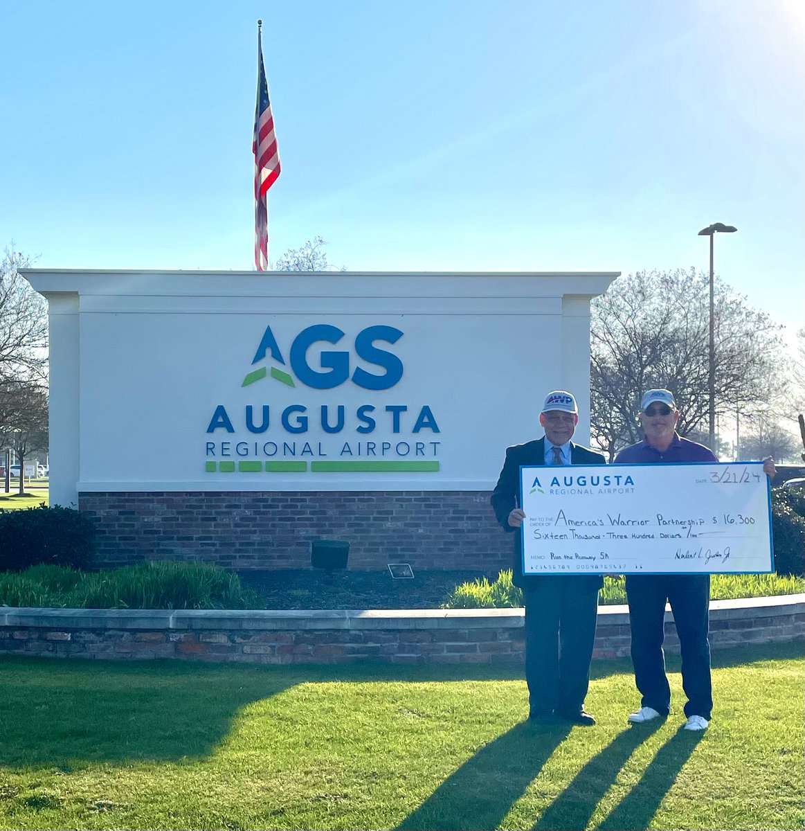 It's truly an honor to present America's Warrior Partnership, the Run the Runway 5K and Kids Fun Run race beneficiary, with a check for $16,300! #augustaga #awp #endveteransuicide #flyags #runtherunway #loveaugusta #community #airport #fundraiser #donation #togetherwecandobetter